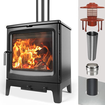 Saltfire Bignut 5 Stove & WOOD Flue Pack - 125mm Stove Pipe to 125mm Liner - 10 Metres