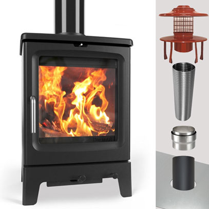 Saltfire Peanut 5  Stove & WOOD Flue Pack - 125mm Stove Pipe to 125mm Liner - 10 Metres