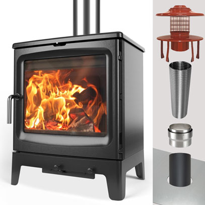 Saltfire Peanut 8 Stove & WOOD Flue Pack - 125mm Stove Pipe to 125mm Liner - 10 Metres
